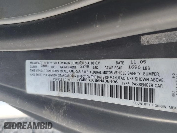 2006 Volkswagen Beetle с VIN 3VWRR31C86M408496, выставлен на аукционе Copart как лот 82484434 с пробегом 217 336 миль миль и Чистый • Clean title. История ставок и продаж доступна на DreamBid. Изображение 12.