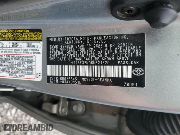 2006 Toyota Camry LE z VIN 4T1BF32K06U621520, wystawiony jako Copart lot #54069555 z przebiegiem 195 499 mil mil oraz Szkoda całkowita • Salvage title. Historia ofert i sprzedaży dostępna na DreamBid. Obrazek 12.