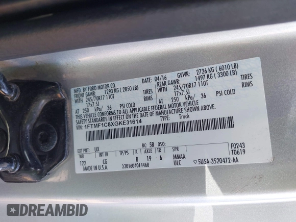 2016 Ford F-150 XL with VIN 1FTMF1C8XGKE31614, listed as a IAAI auction lot 41958557 with 45,792 mi miles and . Bid and sale history available at DreamBid. Image 9.