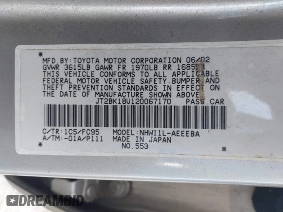 2002 Toyota Prius with VIN JT2BK18U120067170, listed as a IAAI auction lot 42140258 with 172,818 mi miles and . Bid and sale history available at DreamBid. Image 9.