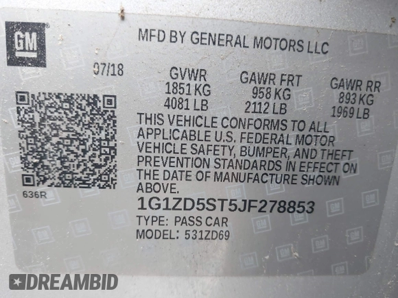 2018 Chevrolet Malibu LT with VIN 1G1ZD5ST5JF278853, listed as a IAAI auction lot 42101758 with 149,205 mi miles and . Bid and sale history available at carsss.com. Image 9.