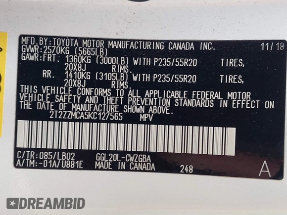 2019 Lexus RX 350 with VIN 2T2ZZMCA5KC127565, listed as a IAAI auction lot 41660446 with 50,676 mi miles and . Bid and sale history available at DreamBid. Image 9.