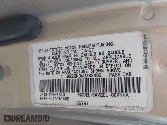 1998 Toyota Camry LE z VIN 4T1BG22K0WU232402, wystawiony jako IAAI lot #42274322 z przebiegiem 222 286 mil mil oraz . Historia ofert i sprzedaży dostępna na DreamBid. Obrazek 9.