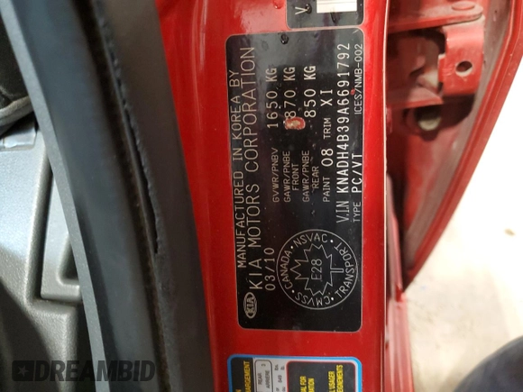 2010 Kia Rio with VIN KNADH4B39A6691792, listed as a Copart auction lot 80043064 with 161,139 mi miles and Salvage Title. Bid and sale history available at DreamBid. Image 12.