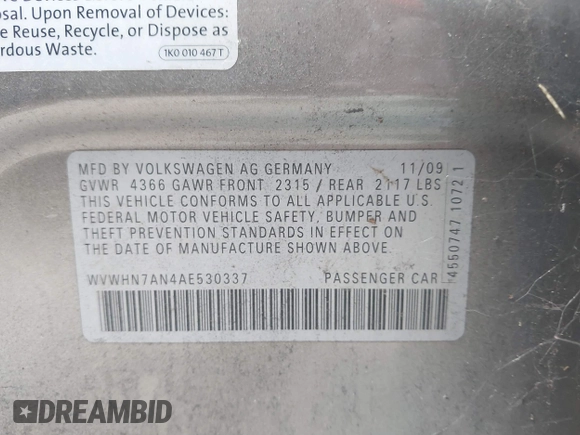 2010 Volkswagen CC Lux with VIN WVWHN7AN4AE530337, listed as a IAAI auction lot 41244342 with 100,819 mi miles. Bid and sale history available at carsss.com. Image 9.