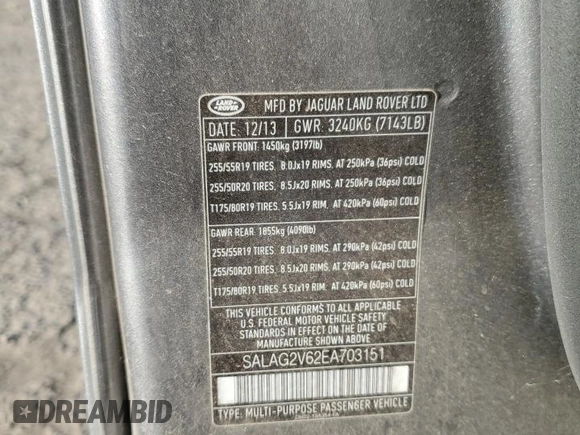 2014 Land Rover LR4 HSE with VIN SALAG2V62EA703151, listed as a Copart auction lot 88908595 with Not Provided miles and Salvage Title. Bid and sale history available at DreamBid. Image 13.