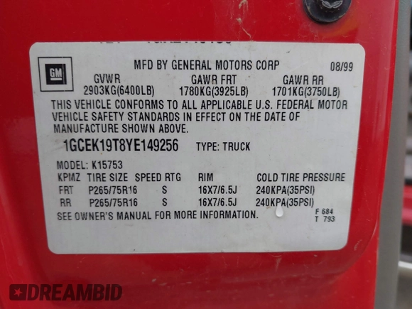 2000 Chevrolet Silverado 1500 LT with VIN 1GCEK19T8YE149256, listed as a IAAI auction lot 42170413 with 239,599 mi miles and . Bid and sale history available at DreamBid. Image 9.