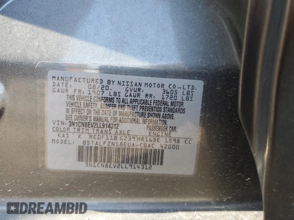 2020 Nissan Versa SV z VIN 3N1CN8EV2LL914312, wystawiony jako Copart lot #54200315 z przebiegiem 45 523 mil mil oraz Szkoda całkowita • Salvage title. Historia ofert i sprzedaży dostępna na DreamBid. Obrazek 12.