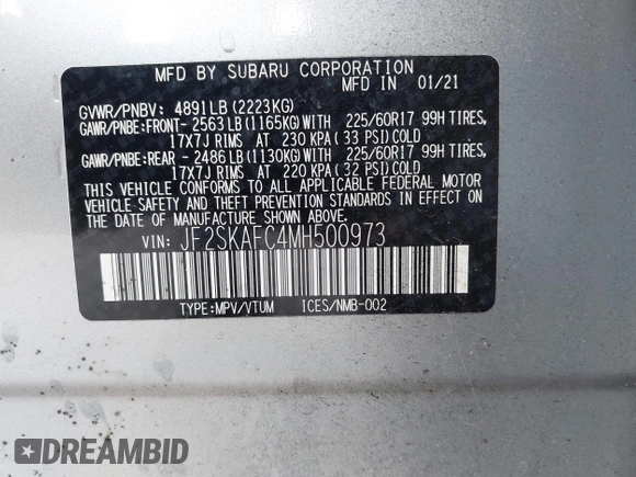 2021 Subaru Forester Premium z VIN JF2SKAFC4MH500973, wystawiony jako IAAI lot #42740599 z przebiegiem 71 244 mil mil oraz . Historia ofert i sprzedaży dostępna na DreamBid. Obrazek 9.