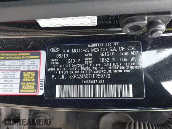 2020 Kia Rio LX with VIN 3KPA24AD7LE259779, listed as a IAAI auction lot 41950133 with 63,730 mi miles and . Bid and sale history available at DreamBid. Image 9.
