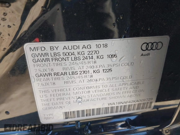 2019 Audi A4 allroad Premium Plus z VIN WA18NAF42KA009729, wystawiony jako IAAI lot #41698959 z przebiegiem 60 893 mil mil oraz . Historia ofert i sprzedaży dostępna na DreamBid. Obrazek 9.