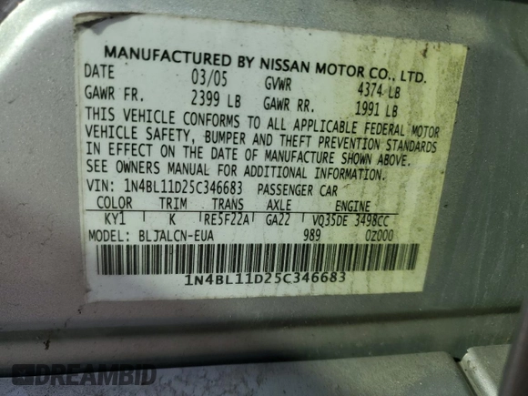 2005 Nissan Altima SE with VIN 1N4BL11D25C346683, listed as a Copart auction lot 55961515 with 199,943 mi miles and Clean title. Bid and sale history available at DreamBid. Image 12.