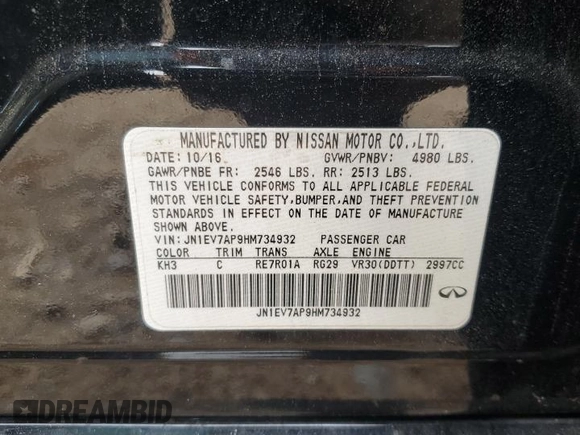 2017 Infiniti Q50 Premium z VIN JN1EV7AP9HM734932, wystawiony jako Copart lot #54390715 z przebiegiem 108 336 mil mil oraz Szkoda całkowita • Salvage title. Historia ofert i sprzedaży dostępna na DreamBid. Obrazek 12.