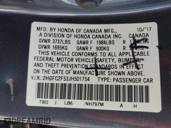 2018 Honda Civic LX with VIN 2HGFC2F53JH501754, listed as a IAAI auction lot 42203836 with 107,910 mi miles and . Bid and sale history available at DreamBid. Image 9.