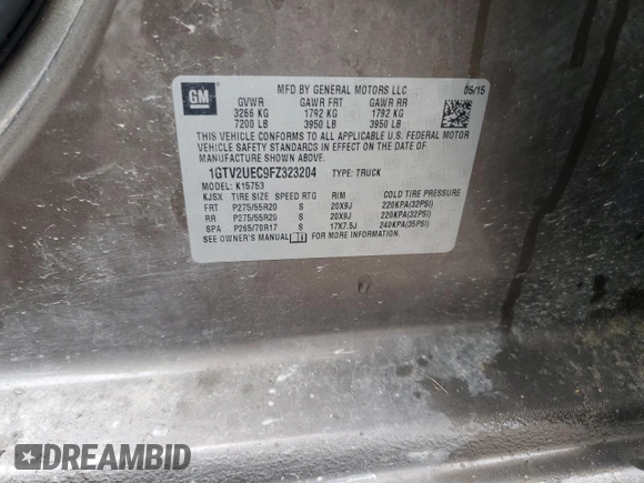 2015 GMC Sierra 1500 SLE z VIN 1GTV2UEC9FZ323204, wystawiony jako Copart lot #55364315 z przebiegiem 220 427 mil mil oraz Szkoda całkowita • Salvage title. Historia ofert i sprzedaży dostępna na DreamBid. Obrazek 12.