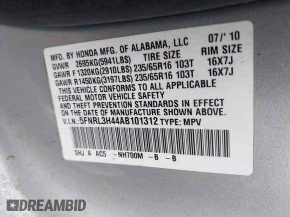 2010 Honda Odyssey EX z VIN 5FNRL3H44AB101312, wystawiony jako IAAI lot #42264744 z przebiegiem 173 917 mil mil oraz . Historia ofert i sprzedaży dostępna na DreamBid. Obrazek 9.