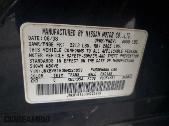 2008 Infiniti G35 Journey with VIN JNKBV61E08M224959, listed as a Copart auction lot 53390875 with Not Provided miles and Salvage Title. Bid and sale history available at DreamBid. Image 12.