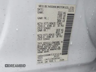 2021 Nissan Titan Pro-4X with VIN 1N6AA1ED6MN535519, listed as a IAAI auction lot 41482187 with 62,698 mi miles and . Bid and sale history available at DreamBid. Image 9.