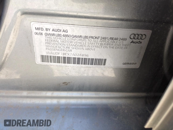 2007 Audi A4 2.0T with VIN WAUDF78EX7A024896, listed as a Copart auction lot 59593995 with 151,980 mi miles and Salvage title. Bid and sale history available at DreamBid. Image 12.