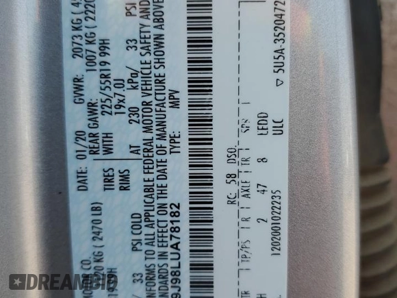 2020 Ford Escape Titanium with VIN 1FMCU9J98LUA78182, listed as a Copart auction lot 60477635 with 76,117 mi miles and Salvage title. Bid and sale history available at DreamBid. Image 14.