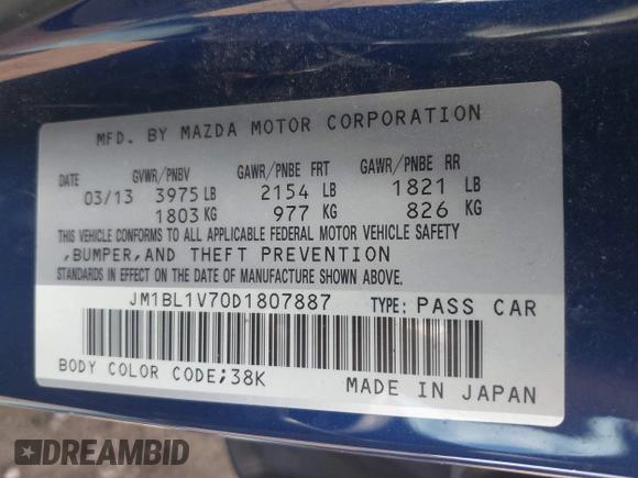 2013 Mazda 3 i Touring with VIN JM1BL1V70D1807887, listed as a IAAI auction lot 42151913 with 131,512 mi miles and . Bid and sale history available at DreamBid. Image 9.