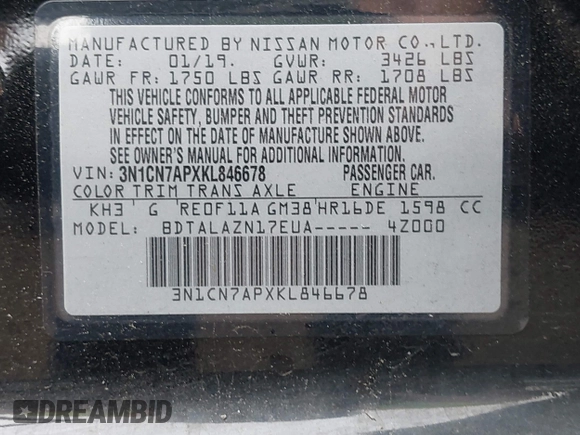 2019 Nissan Versa SV with VIN 3N1CN7APXKL846678, listed as a IAAI auction lot 42185136 with 117,807 mi miles and . Bid and sale history available at DreamBid. Image 9.