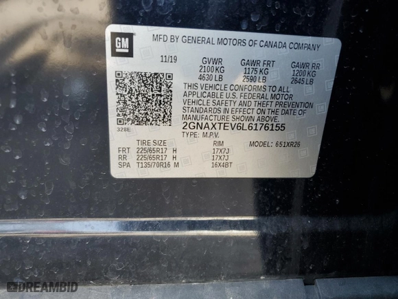 2020 Chevrolet Equinox LT with VIN 2GNAXTEV6L6176155, listed as a Copart auction lot 48537585 with 128,711 mi miles and Salvage Title. Bid and sale history available at carsss.com. Image 14.