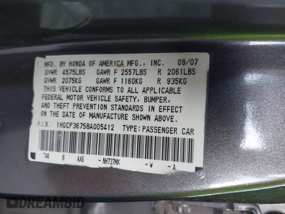 2008 Honda Accord EX with VIN 1HGCP36758A005412, listed as a IAAI auction lot 40606548 with 213,135 mi miles and . Bid and sale history available at DreamBid. Image 9.