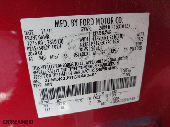 2012 Ford Edge SEL with VIN 2FMDK3J91CBA53461, listed as a IAAI auction lot 41851849 with 140,263 mi miles. Bid and sale history available at carsss.com. Image 9.