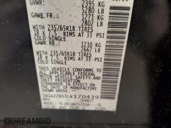 2020 Nissan Murano SV with VIN 5N1AZ2BS3LN170439, listed as a Copart auction lot 50341155 with 34,906 mi miles and Salvage Title. Bid and sale history available at DreamBid. Image 14.