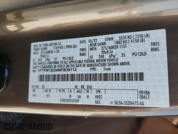2022 Ford F-150 XL with VIN 1FTFW1ED4NFB39112, listed as a Copart auction lot 54496595 with 8,626 mi miles and Salvage Title. Bid and sale history available at DreamBid. Image 12.