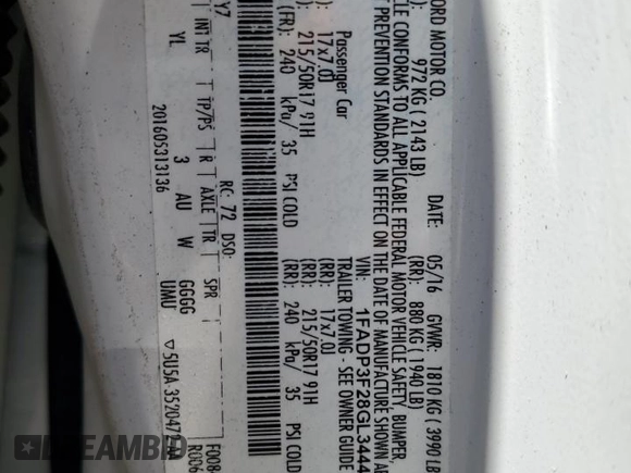 2016 Ford Focus SE с VIN 1FADP3F28GL344469, выставлен на аукционе Copart как лот 57490255 с пробегом 120 658 миль миль и Списание • Salvage title. История ставок и продаж доступна на DreamBid. Изображение 12.