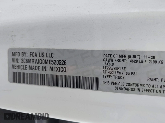 2021 Ram ProMaster Cargo with VIN 3C6MRVJG0ME520526, listed as a IAAI auction lot 41794411 with 35,356 mi miles and . Bid and sale history available at carsss.com. Image 9.