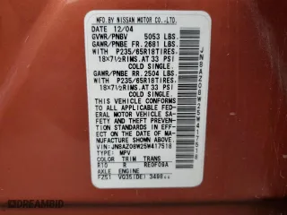 2005 Nissan Murano S with VIN JN8AZ08W25W417518, listed as a Copart auction lot 80737524 with 143,459 mi miles and Salvage Title. Bid and sale history available at carsss.com. Image 13.