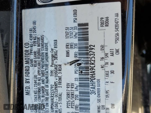 2012 Ford Fusion SE with VIN 3FAHP0HA9CR253792, listed as a Copart auction lot 63083975 with 37,653 mi miles and Salvage title. Bid and sale history available at DreamBid. Image 11.