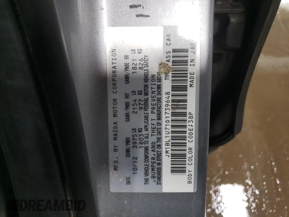 2013 Mazda 3 i Sport with VIN JM1BL1U71D1739648, listed as a Copart auction lot 83089184 with 133,565 mi miles and Salvage title. Bid and sale history available at DreamBid. Image 12.