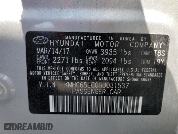 2017 Hyundai Ioniq Blue z VIN KMHC65LC0HU031537, wystawiony jako Copart lot #52194305 z przebiegiem 62 796 mil mil oraz Szkoda całkowita • Salvage title. Historia ofert i sprzedaży dostępna na DreamBid. Obrazek 13.