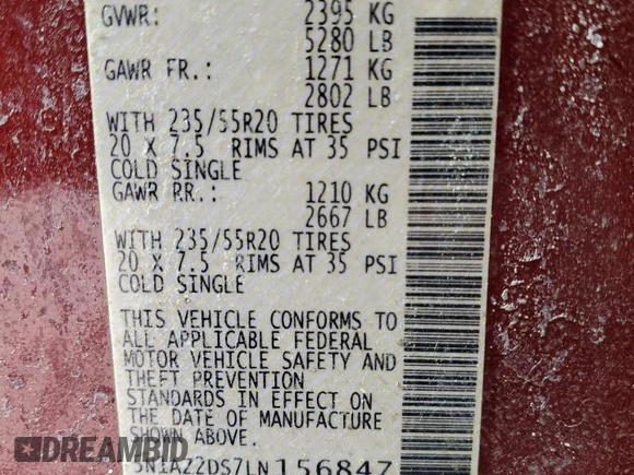 2020 Nissan Murano Platinum with VIN 5N1AZ2DS7LN156847, listed as a Copart auction lot 47846415 with Not provided miles and Salvage title. Bid and sale history available at DreamBid. Image 14.