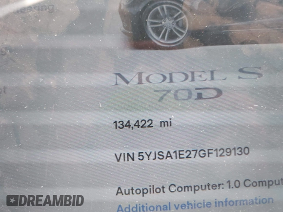 2016 Tesla Model S 90D with VIN 5YJSA1E27GF129130, listed as a IAAI auction lot 41922227 with 134,422 mi miles and . Bid and sale history available at DreamBid. Image 16.