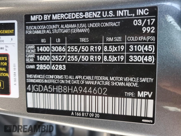 2017 Mercedes-Benz GLE 350 with VIN 4JGDA5HB8HA944602, listed as a Copart auction lot 83788524 with 64,860 mi miles and Salvage title. Bid and sale history available at DreamBid. Image 14.