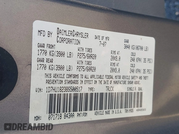 2008 Dodge 1500 SLT with VIN 1D7HU18238S500517, listed as a IAAI auction lot 42126774 with 173,373 mi miles. Bid and sale history available at carsss.com. Image 9.