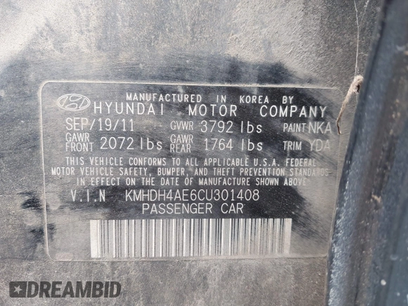 2012 Hyundai Elantra Limited with VIN KMHDH4AE6CU301408, listed as a IAAI auction lot 42691408 with 113,184 mi miles and . Bid and sale history available at DreamBid. Image 9.