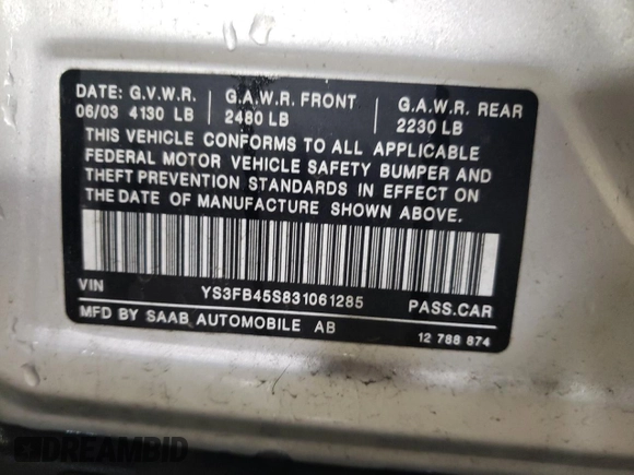 2003 Saab 9-3 Linear z VIN YS3FB45S831061285, wystawiony jako Copart lot #80902344 z przebiegiem 180 155 mil mil oraz Szkoda całkowita • Salvage title. Historia ofert i sprzedaży dostępna na DreamBid. Obrazek 12.