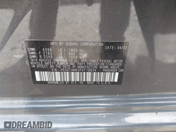 2023 Subaru Impreza Special Sports с VIN 4S3GTAM60P3719834, выставлен на аукционе IAAI как лот 42268287 с пробегом 15 688 миль миль и . История ставок и продаж доступна на DreamBid. Изображение 9.