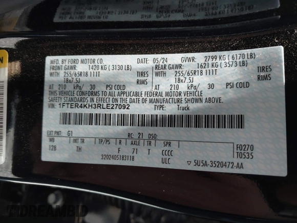 2024 Ford Ranger Lariat with VIN 1FTER4KH3RLE27092, listed as a IAAI auction lot 42726630 with Not provided miles and . Bid and sale history available at DreamBid. Image 9.