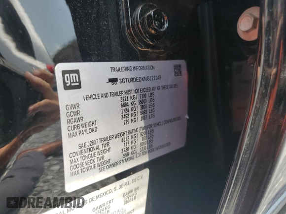 2022 GMC Sierra 1500 SLT with VIN 3GTU9DEDXNG122149, listed as a Copart auction lot 59527815 with 51,527 mi miles and Salvage title. Bid and sale history available at DreamBid. Image 12.