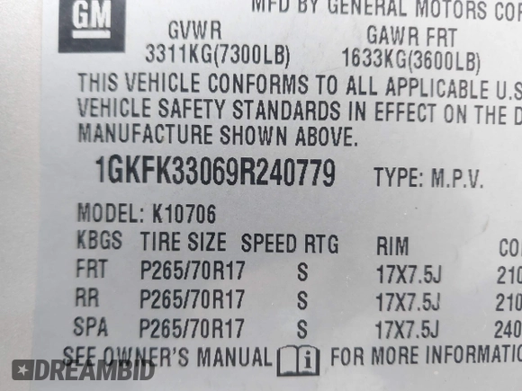 2009 GMC Yukon SLT 4SB with VIN 1GKFK33069R240779, listed as a IAAI auction lot 41639862 with 182,709 mi miles and . Bid and sale history available at DreamBid. Image 9.