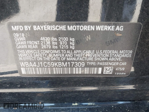 2019 BMW 4 Series 430i with VIN WBA4J1C59KBM17309, listed as a IAAI auction lot 42011443 with 87,189 mi miles. Bid and sale history available at carsss.com. Image 9.