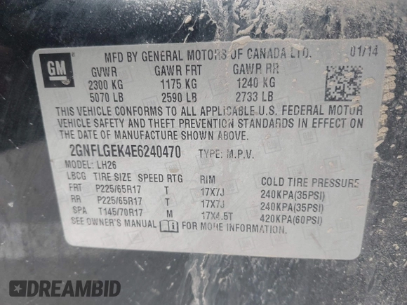 2014 Chevrolet Equinox LT with VIN 2GNFLGEK4E6240470, listed as a IAAI auction lot 42022800 with 227,827 mi miles and . Bid and sale history available at carsss.com. Image 9.