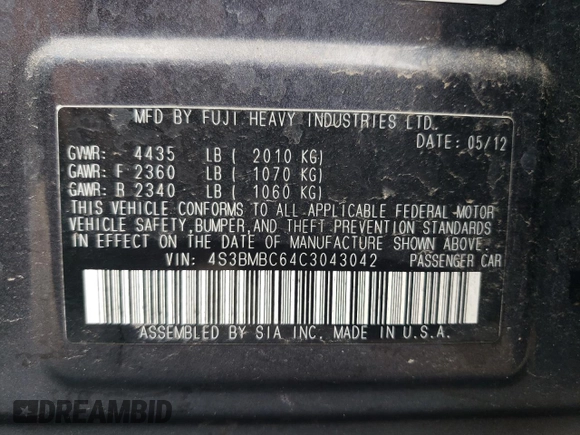 2012 Subaru Legacy Premium z VIN 4S3BMBC64C3043042, wystawiony jako Copart lot #61108885 z przebiegiem 141 089 mil mil oraz Szkoda całkowita • Salvage title. Historia ofert i sprzedaży dostępna na DreamBid. Obrazek 13.
